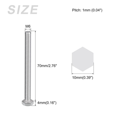 Hex Bolts (M6-1x70mm) 15Pcs, Fully Threaded Coarse Hex Head Screw Bolt Machine Screws - 304 Stainless Steel, Silver