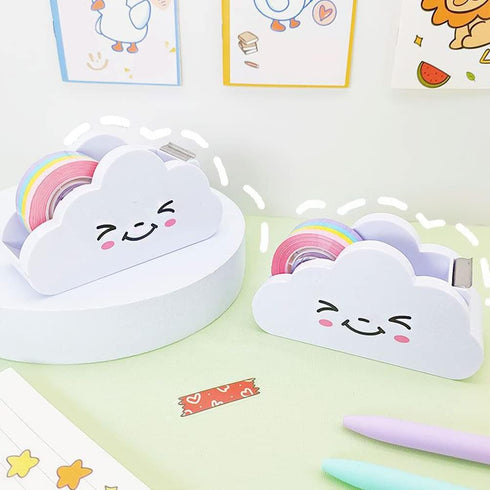 LUOZZY 2 PCS Cloud Tape Dispenser, Cartoon Desktop Tape Cutter with Rainbow Tape Roll Holder for Home Office