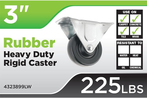 Heavy Duty Rubber Caster Wheel with Rigid Non-Swivel Top Plate - 3-Inch - 225 lb. Load Capacity