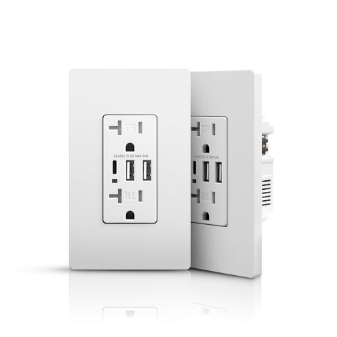 Wall Outlet with USB Ports, 3-Port USB C Outlet, 30W 6.0A Electrical USB Outlet, 2-Pack, Matte White.