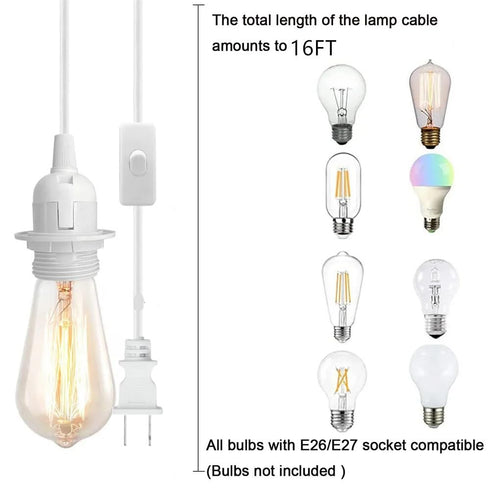 DXMKOP 16FT E26/E27 Bulb Plug in Pendant Light Cord, Lamp Kit with Light Socket, Hanging Lamp Plug in, Safe & Sturdy
