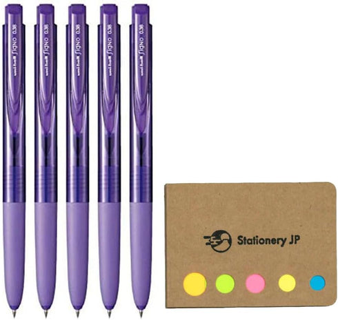 Signo RT1 Retractable Gel Ink Pen, Micro Point 0.38mm, Rubber Grip, Violet Ink, 5-Pack with Sticky Notes