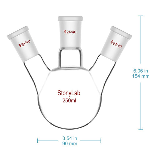 StonyLab Glass 250ml Heavy Wall 3 Neck Round Bottom Flask RBF with 24/40 Standard Taper Outer Joint