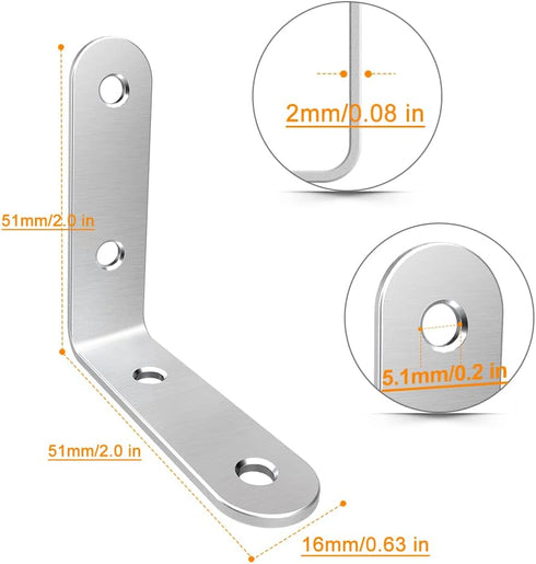 20 Sets, 90 50mm 50mm, 2 Inch LuckIn Pcs L Bracket Stainless Steel Corner Brace Degree Right Angle Shelf Brackets