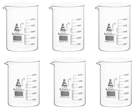 EISCO 6PK Beakers - 600mL Low Form with Spout, White Graduations, Borosilicate 3.3 Glass