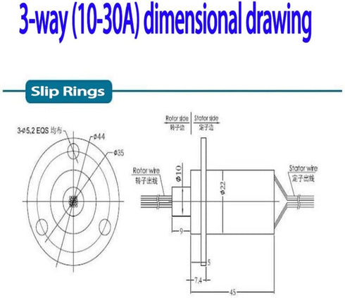 Slip Ring Electrical Connector, Motor Slip Ring Rotating Connector with 3 Wires, 30A Diameter 22mm
