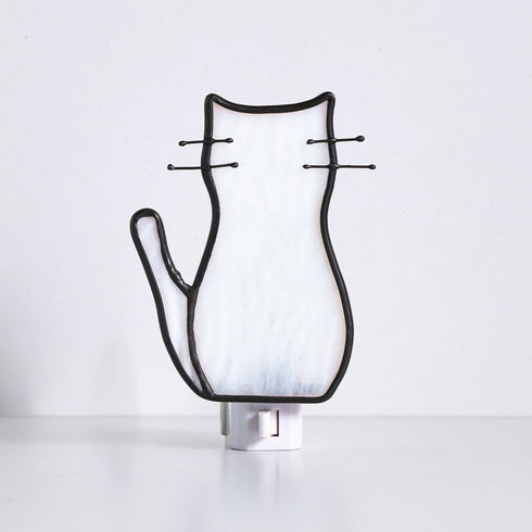 BOXCASA White Cat Night Light, Stained Glass Lamp, Warm Yellow Plug-In Night