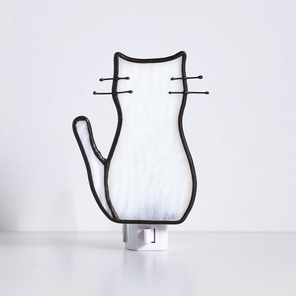 BOXCASA White Cat Night Light, Stained Glass Lamp, Warm Yellow Plug-In Night