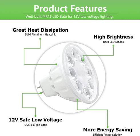 MR16 LED Bulbs, Landscape Low Voltage Spotlights, 35W/50W Halogen Replacements. 5W Warm White 2700K-3000K 12V Gu5.3 Bi-pin Base for Outdoor Accent Lighting Indoor Track Lights 6-Pack by Makergroup
