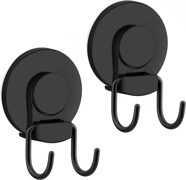 VIS'V Heavy Duty Suction Cup Hooks, Black Bathroom Shower Hooks, Removable Reusable Holders for Tile Wall, 2 Pcs