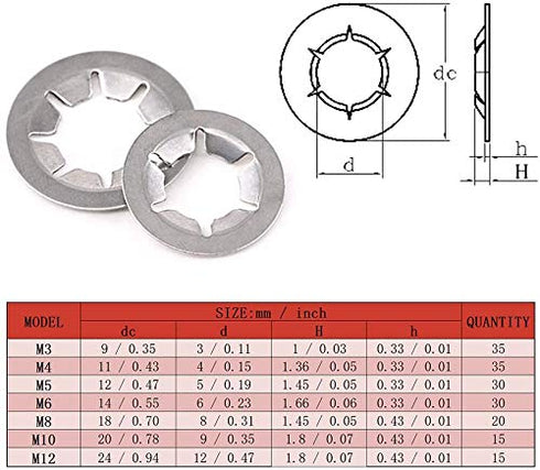 Hilitchi 180 Piece 304 Stainless Steel Internal Tooth Starlock Washers Assortment Kit - 7 Sizes