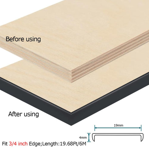 U Shape Edge Banding, Fit 3/4 inch Edge, Plywood Edge Protector, Self-Adhesive Edge Trim for Veneer, Furniture, Cabinets, Countertop, Shelves, Table, Marble; Black, 20Ft