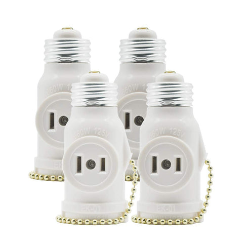 2 Pack E26 Bulb Socket to Outlet Splitter, 2 Outlet Light Socket Adapter, White, with Pull Chain Switch, UL Listed