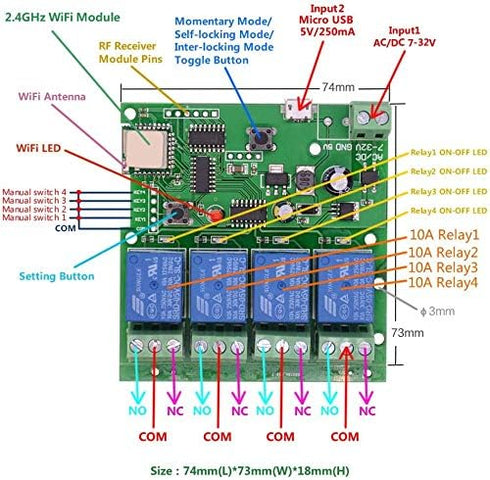 WiFi Wireless Inching Relay Momentary/Self-Locking Switch Module, DIY Smart Home Remote Control, DC 5-32V, AC90-260V