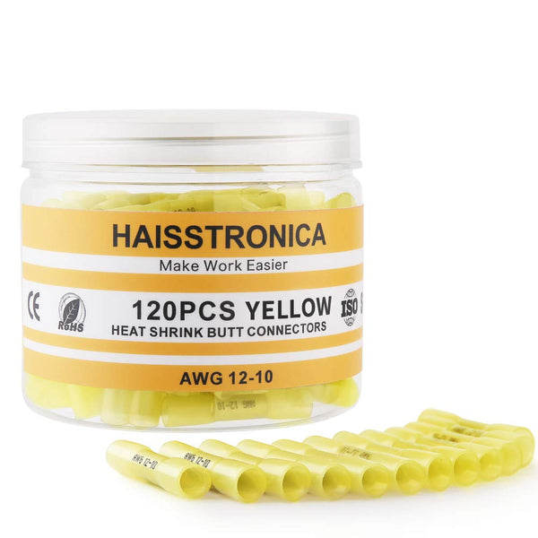 haisstronica 120PCS 12-10 AWG Yellow Heat Shrink Butt Connectors, Tinned Red Copper, Waterproof Electrical Connectors