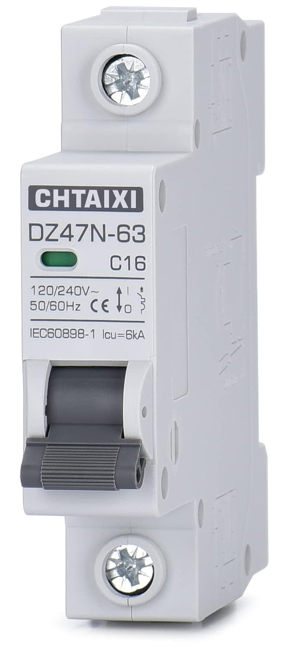 AC Miniature Circuit Breaker, 16 Amp 120V/240V 1 Pole DIN Rail Mount, Thermal Magnetic Trip, Solar AC Disconnect Switch
