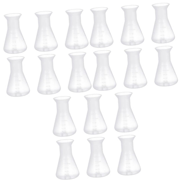 18 Pcs Clear Plastic Erlenmeyer Flasks, 50ml Science Beakers for Kids Experiment, Plastic Bottles, Strainer Triangle