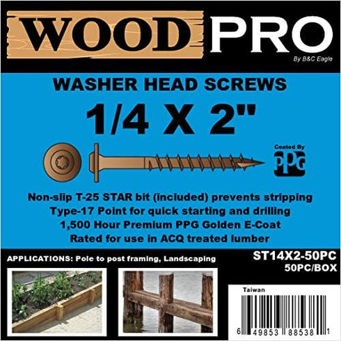 ST14X2-50PC 1/4-Inch by 2-Inch Round Washer Head Exterior Wood Screws, 50-Pack, Gold