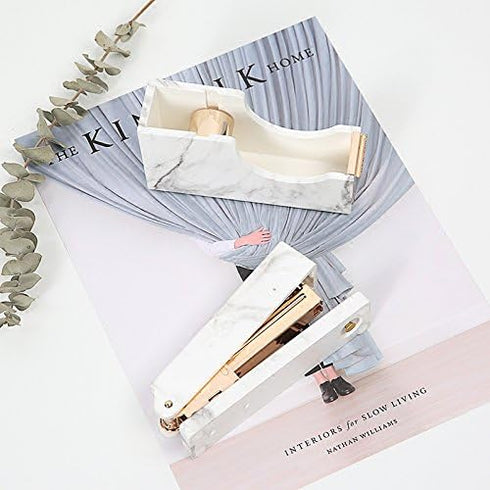 MEI YI TIAN White Marble Texture Desktop Adhesive Tape Dispenser - Gold Tone Metal Core Holder
