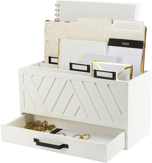 BLU MONACO Mail Organizer for Home, White Wooden Desk Bill Organizer with Drawer for Kitchen Countertop