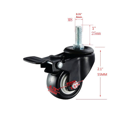 1.5in M8x25 4) Heavy Duty Swivel Caster with Threaded Bar, Nut Spacer, for Shopping Carts, Workbenches and Furniture