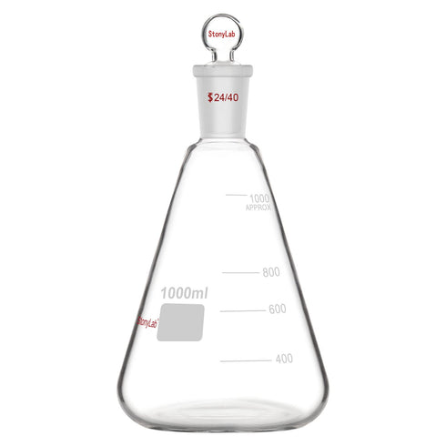 stonylab Glass 24/40 Erlenmeyer Flask with Stopper, 1000 ml Borosilicate Glass Heavy Wall Flask
