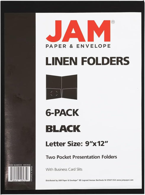 JAM PAPER Two Pocket Textured Linen Presentation Folders - Letter Size Business Folder - Black - 6/Pack
