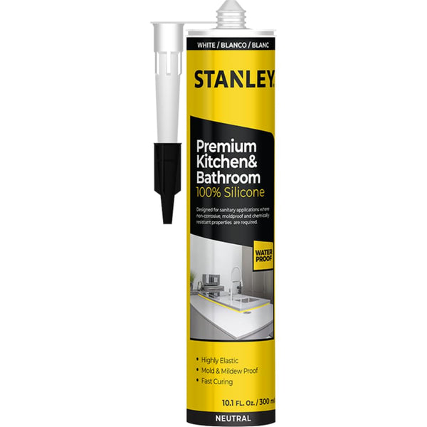 Stanley Premium Kitchen & Bathroom 100% Silicone Caulk, 10.1 fl.oz. White, Low Odor, Waterproof Sealant