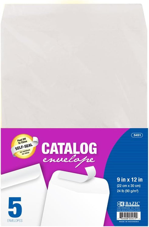 BAZIC 9x12 Self-Seal White Catalog Mailing Envelope, Safe Quick Closure Envelope, No Window, Adhesive Peel Seal (5/Pack) by BAZIC Products