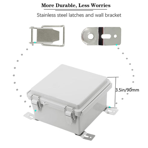 Zulkit IP67 Waterproof Junction Box, Hinged Cover, Stainless Steel Latch, Plastic Enclosure for Project, Grey