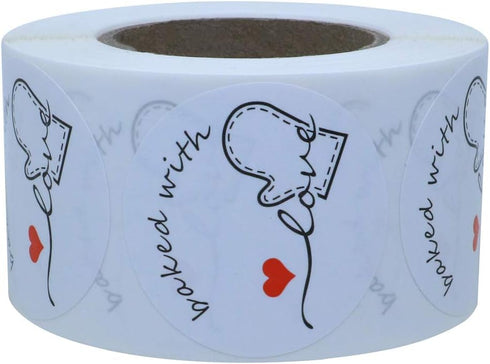 Hybsk Rustic Baked with Love Stickers, 1.5" Inch Round Adhesive Labels (Total 500 Per Roll, Glossy)