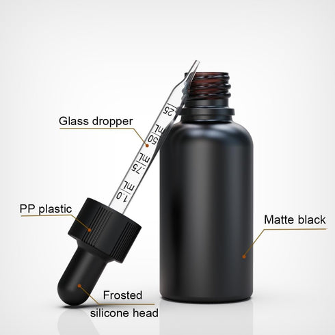 1 oz (Pack 6) Black Coated Glass Bottle with Glass Eye Dropper, Capacity,UV Safe Bottles for Essential Oils