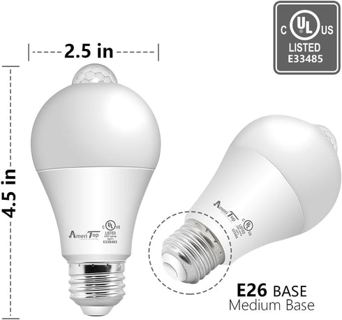 Bulb- 4 Pack, 10W(60W 806lm Bulb; A19, E26, (2700K AmeriTop Motion Sensor Light Equivalent) Motion Activated Dusk