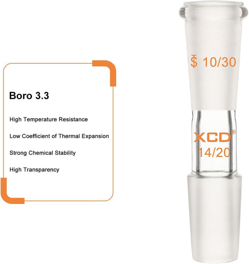 XCD Glass Reducing Connecting Adapter, Borosilicate Glass for Lab Use, 10/30 Outer to 14/20 Inner Joint Adapter