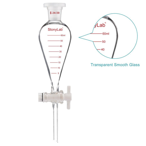 stonylab Graduated Separatory Funnel, 60 ml Heavy Wall Pear-Shaped Borosilicate Glass with PTFE Stopcock