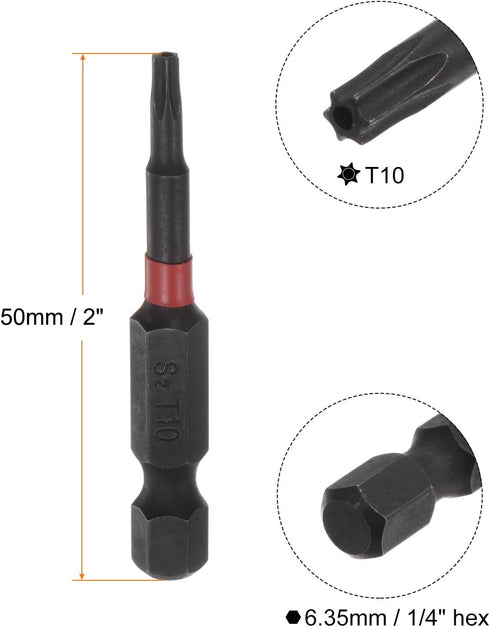 2pcs T10 Impact Rated Torx Bit 1/4" Hex Shank 2" Length Magnetic Security Star Screwdriver Power Tool by HARFINGTON