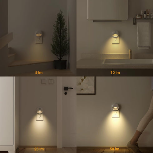 Dimmable 1-50lm 4 Pack Lyridz Plug in Night Light with Motion Sensor and Dusk to Dawn Sensor, Warm Nightlight