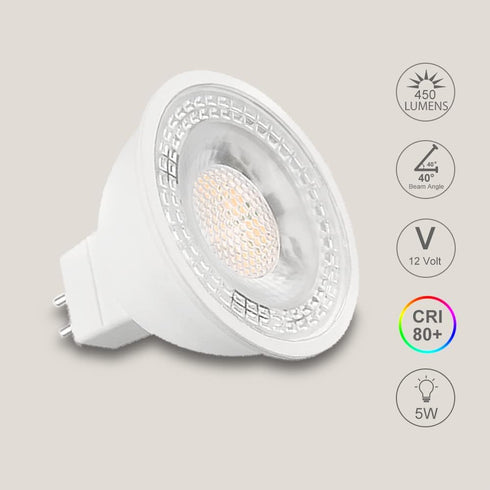 12-Pack FTL MR16 LED Bulb, 5000K Daylight White GU5.3 12V, 50W Halogen Equivalent, 5W Non-Dimmable Spotlight, 40 Degree