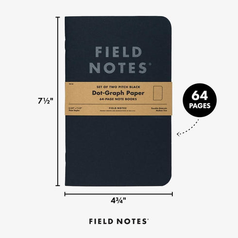 Field Notes 2-Pack Pitch Black Notebooks, 4.75" X 7.5", Dot-graph, 64 Pages, Thin Pocket Sized EDC Notebook, 90 GSM