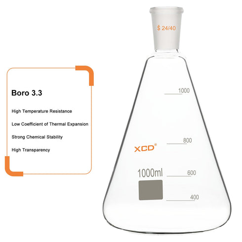 XCD Erlenmeyer Flask, Heavy Wall Borosilicate Glass with 24/40 Standard Taper Outer Joint, 1000 ml