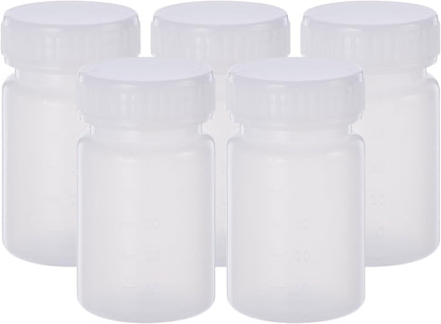 PATIKIL 5 Pcs 50ml Transparent White Reagent Bottles, PE Wide Mouth Round Graduated Bottles with Screw Cap for Lab