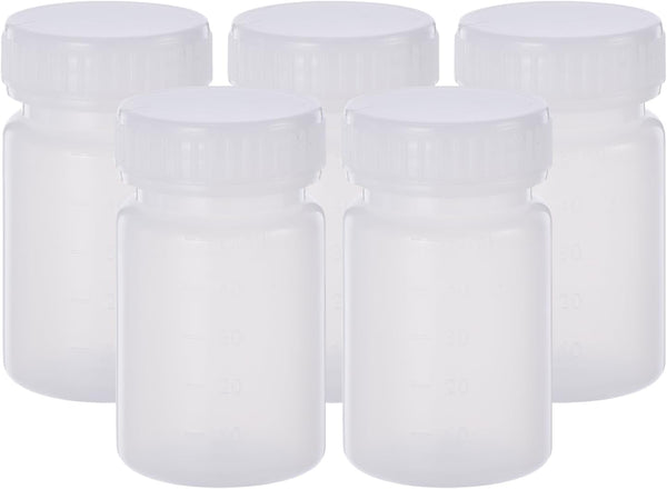 PATIKIL 5 Pcs 50ml Transparent White Reagent Bottles, PE Wide Mouth Round Graduated Bottles with Screw Cap for Lab