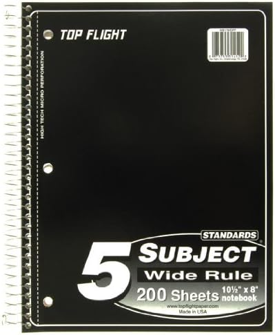 Top Flight Standards 5-Subject Wirebound Notebook, 200 Sheets, 3-Hole Punched, Wide Rule, 10.5 x 8 Inches, Color May
