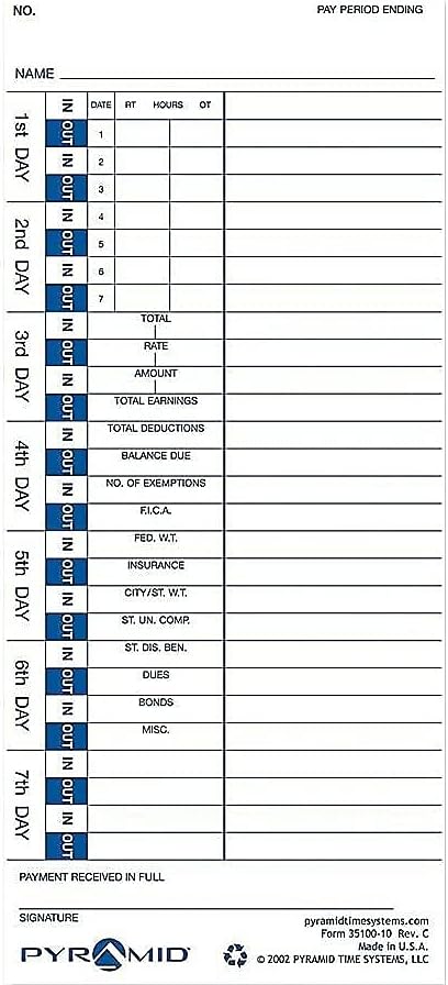 Pyramid Time Systems 3510010 100/PK Pyramid Time Cards f/Time Recorder Black
