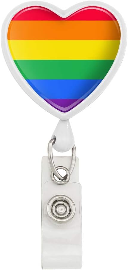Rainbow Pride Gay Lesbian Heart Lanyard, Retractable Reel Badge ID Card Holder - White