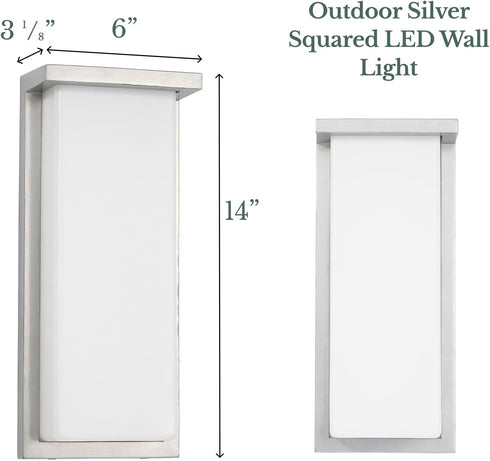 14 Inch 3000K Hamilton Hills Silver Squared Flush Mount Outdoor Light Fixture | Modern Front Door Exterior Light