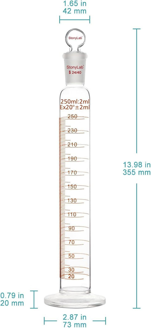 stonylab Measuring Cylinder with Stopper, 250 ml Heavy Wall Borosilicate Glass Measuring Graduated Cylinder with 24/40 Standard Ground Joint and Flat Head Stopper, 1 Pack by stonylab