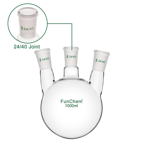 Three Neck Round Bottom Flask, Glass 3-Neck Boiling Flask with 24/40 Standard Taper Joint, 1000 mL