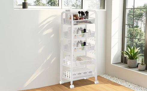 Naiveferry 5-Tier Rotating Vegetable Storage Rack with Wheels, Metal Mesh Fruit Basket with Lid, Potato Onion Storage