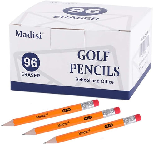 Madisi Golf Pencils with Eraser – 2 HB Half Pencils, 3.5" Mini Pencils, Pre-Sharpened, 96 Count